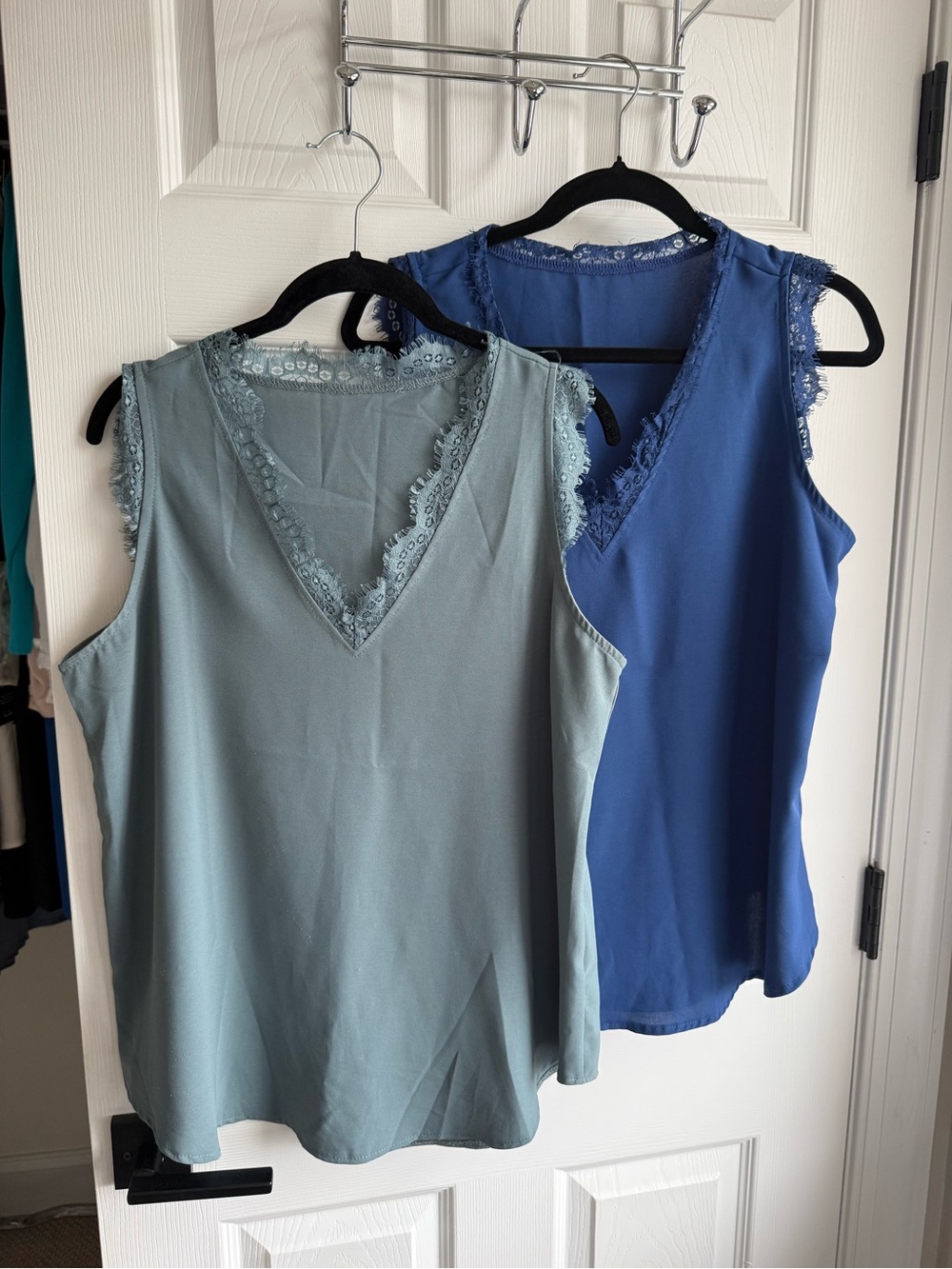 Lace-Trim V-Neck Sleeveless Top - Blue and Sage